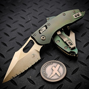 Microtech Stitch Ram-Lok 169RL-15MS1 Antique Green Titanium Slab Side Bronze Stonewash Bronze Ti Accent Marfione Select Full Serrated