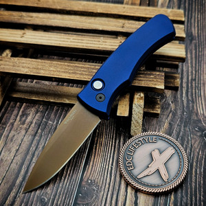 Pro-Tech Duke 2 Heritage Limited Blue Auto Folder 2.7" Tan PVD Drop Point