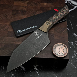 MICROTECH KNIVES 6" M390 SANTOKU DLC KNIFE BRONZE TITANIUM BOLSTER LIVE-WIRE CARBON FIBER 3200B-1DLCLWCFS