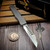 Marfione Custom/Sean Marfione Halo V Double Vapor Blast Titanium Mirror Polish Warhound Damascus Swoop Abalone Inlays S2