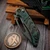 Heretic Custom Knives Koschei Vegas Forge Reptilian San Mai Damascus Chemtina Copper Handle DLC HW Abalone Button S/N #040
