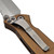 Back view of Microtech Socom Elite Manual Tan pocket clip and hardware, stonewash tanto blade.