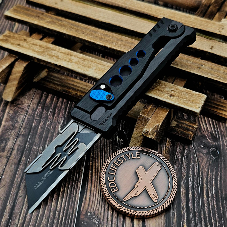 Reate Knives EXO-U Gravity Knife Speedhole Black/Blue Aluminum (2.3" Utility)