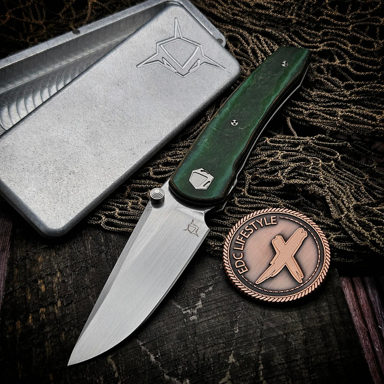 Sharknivco Waka V4.9 Green Camoquartz Liner Lock RWL34 Hand Satin Blade