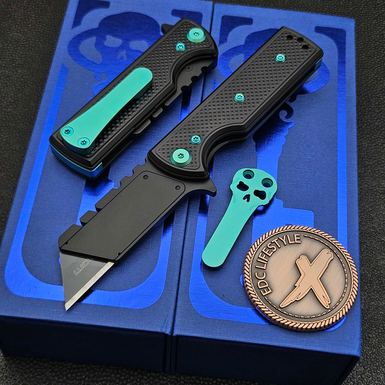 Chaves Knives Blue Label Black Knurled CHUB Flipper Liner Lock Knife PVD 1" Utility Blade Green Ti HW