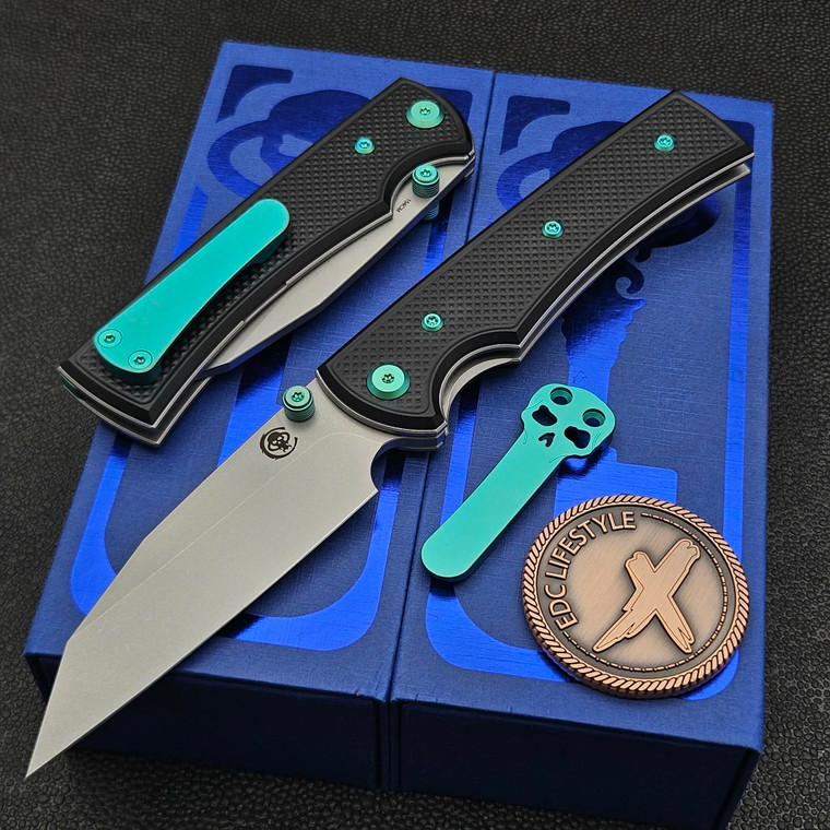 Chaves Knives Blue Label Black Knurled Sangre 229 3.75" Stonewash Wharncliffe Green Ti HW by EDC Lifestyle