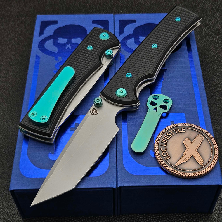 Chaves Knives Blue Label Black Knurled Liberation 229 3.63" Stonewash Tanto Green Ti HW