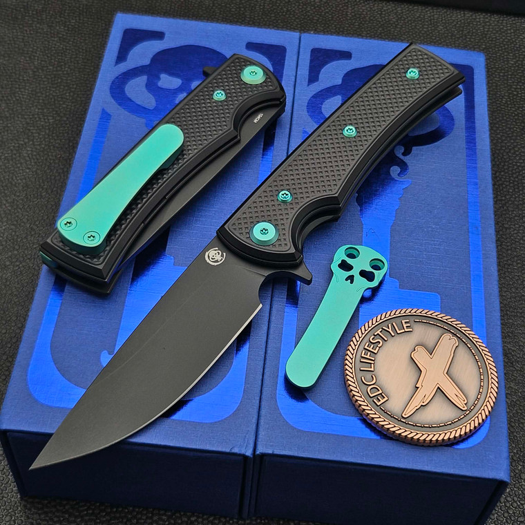 Chaves Knives Blue Label Black Knurled Liberation Street 3.38" PVD Drop Point Green Ti HW