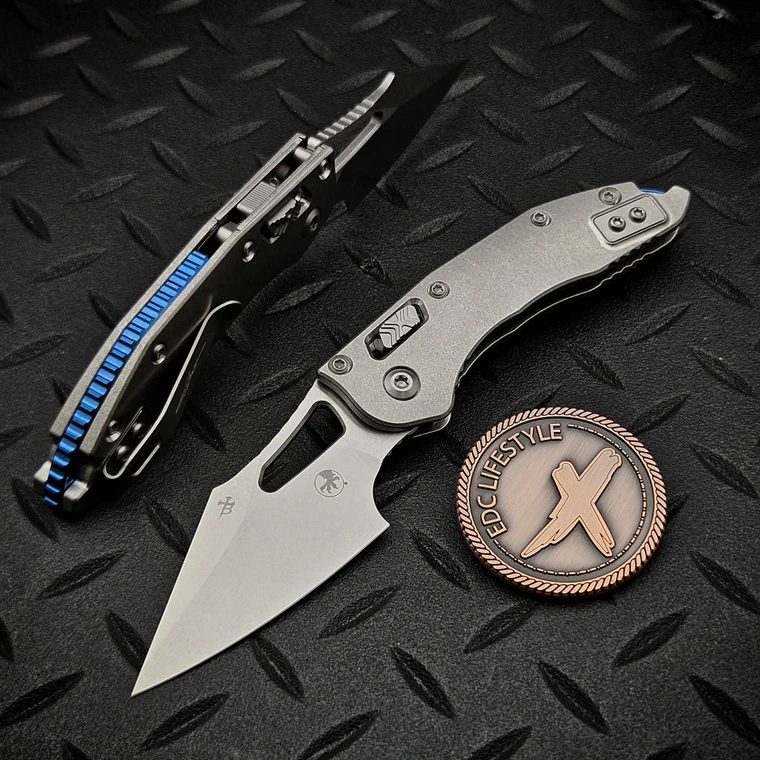 Microtech M-Stitch Ram-Lok Titanium Slab Side Stonewash 3.0" S/E Blue Ti Accent Marfione Select 169MRL-10MS2