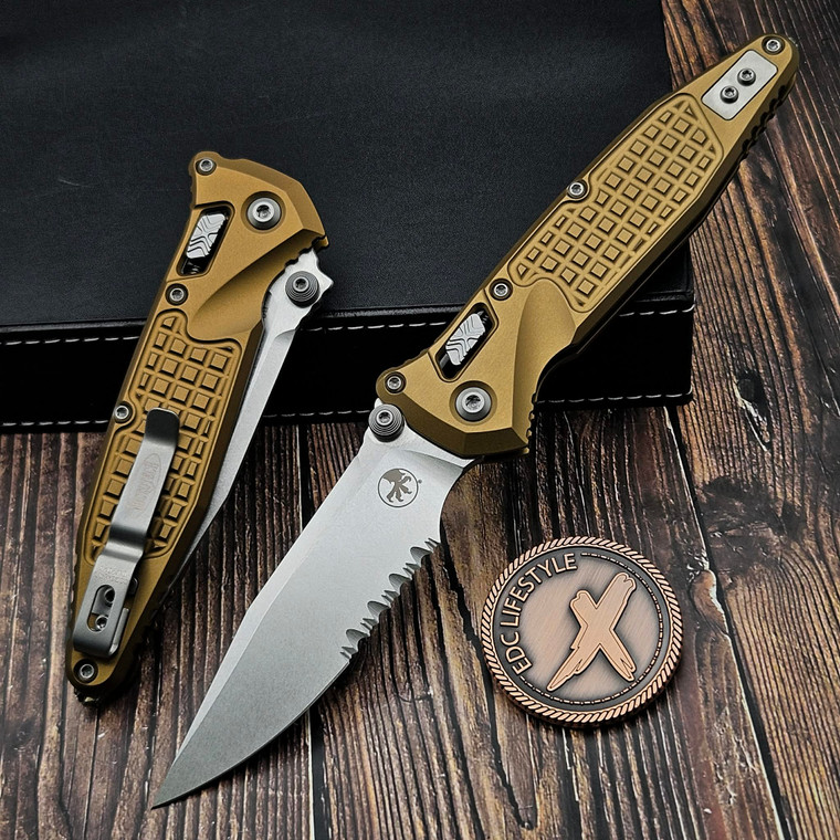 Microtech Socom Ram-Lok Tan Aluminum Frag 4.00" S/E Partial Serrated Stonewash 160RL-11FRTA