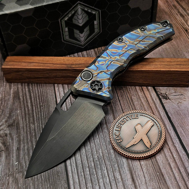 Heretic Knives Custom Martyr Auto Blazed Titanium DLC Hardware W/ LSCF Button S/E DLC - Preowned HCKM-PO-106 by EDC Lifestyle