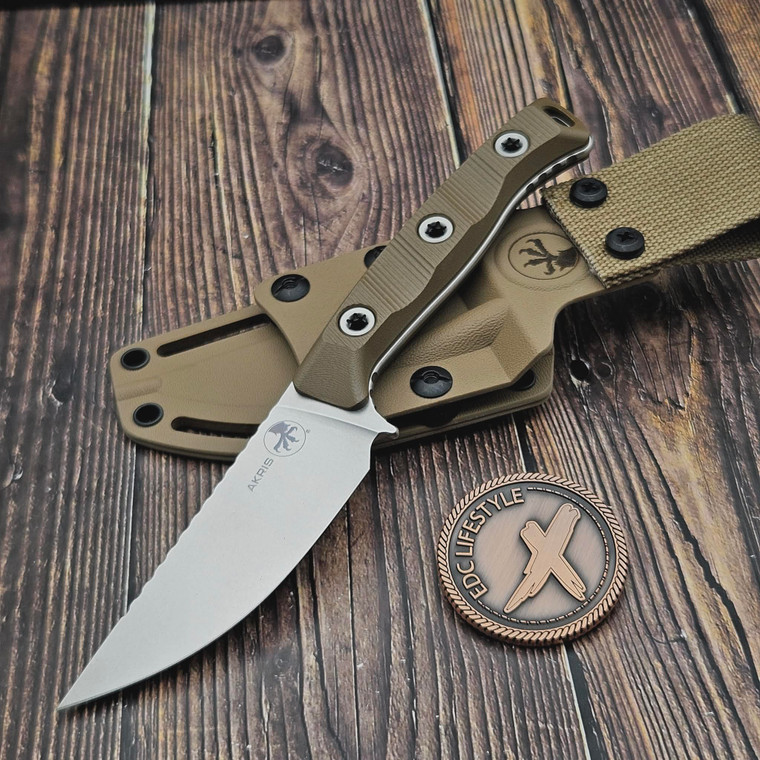 Microtech Akris Fixed Blade Dark Earth G-10 3.7" Stonewash M390MK W/ Tan Kydex Sheath 95-10DE-6 by EDC Lifestyle