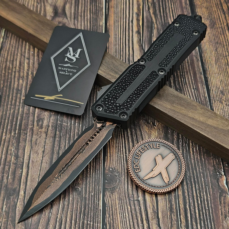 Microtech Scarab II Gen III Black Hefted Alloy W/ Stingray Inlay D/E Baker Forge Coppermai Damascus 1280-16MS1 - Preowned  by EDC Lifestyle