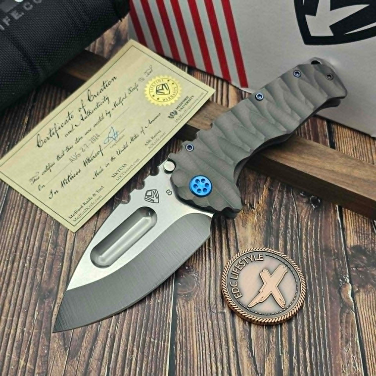 Medford Knives Praetorian Ti Bead Blasted Gray Predator Sculpted S35VN Drop Point - Preowned