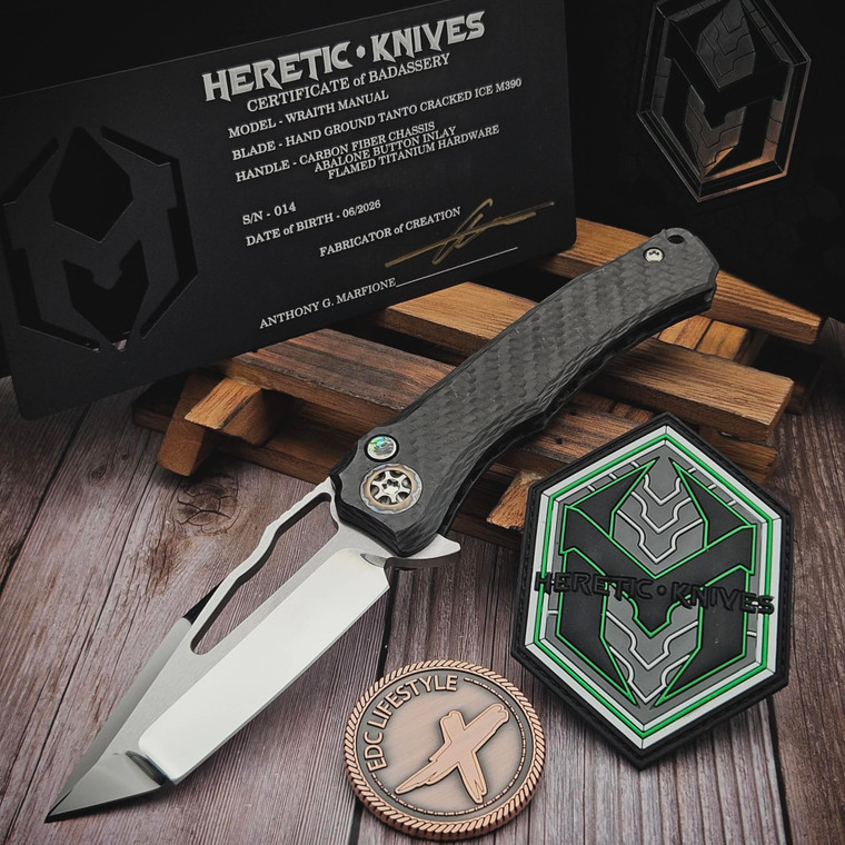 Heretic Custom Knives Wraith Manual Carbon Fiber Abalone Button Inlay W/ Flamed Ti Hardware Hand Ground T/E Cracked Ice by EDC Lifestyle