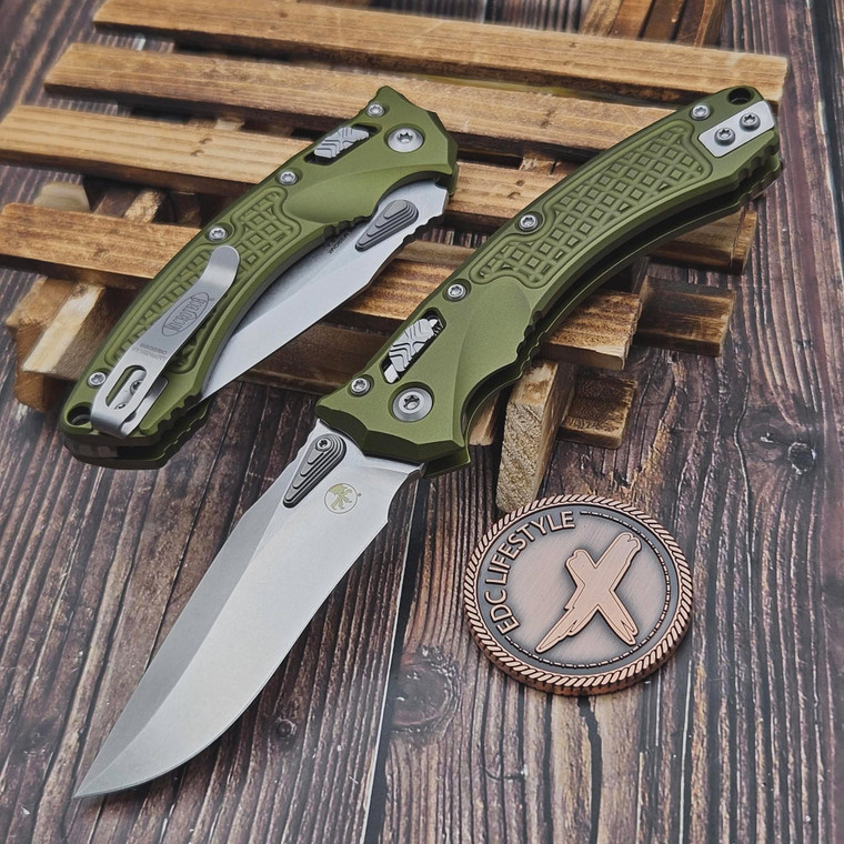 Microtech Amphibian Mini Ram-Lok OD Green Aluminum Frag 3.25" S/E Stonewash 137MRL-10FROD