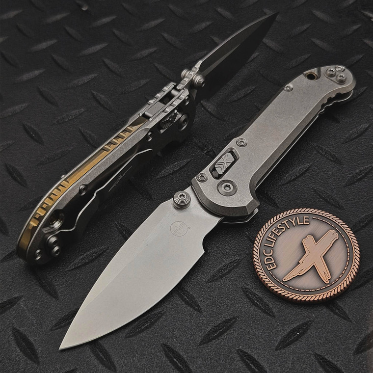 Microtech LUDT Ram-Lok Manual Slab Titanium 3.4" Clip Point Stonewash M390MK Bronze Ti Accent Marfione Select 1135RLS-10MS1