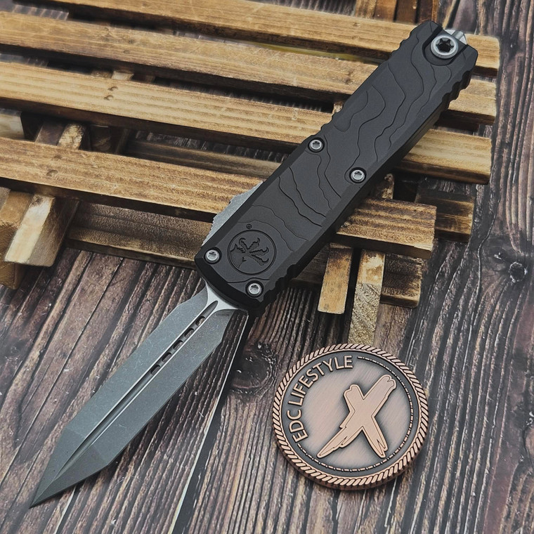 Microtech UTX-85 Gen IV Black Topographic Deep Engraved 3.10" Spartan M390MK Apocalyptic 12304TP-10AP
