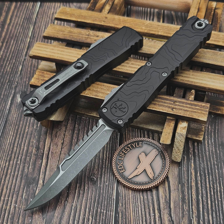Microtech Ultratech Gen IV Black Topographic Deep Engraved 3.55" Interceptor M390MK Apocalyptic 11174TP-10APS