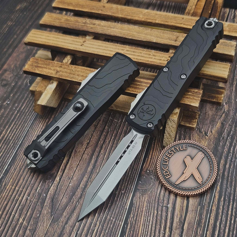 Microtech UTX-85 Gen IV Black Topographic Deep Engraved 3.10