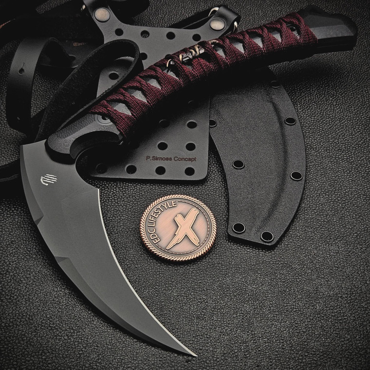 Bastinelli Knives Custom ReaperTAC Scythe Red Ganpi Wrap Bronze Menuki 6.7"