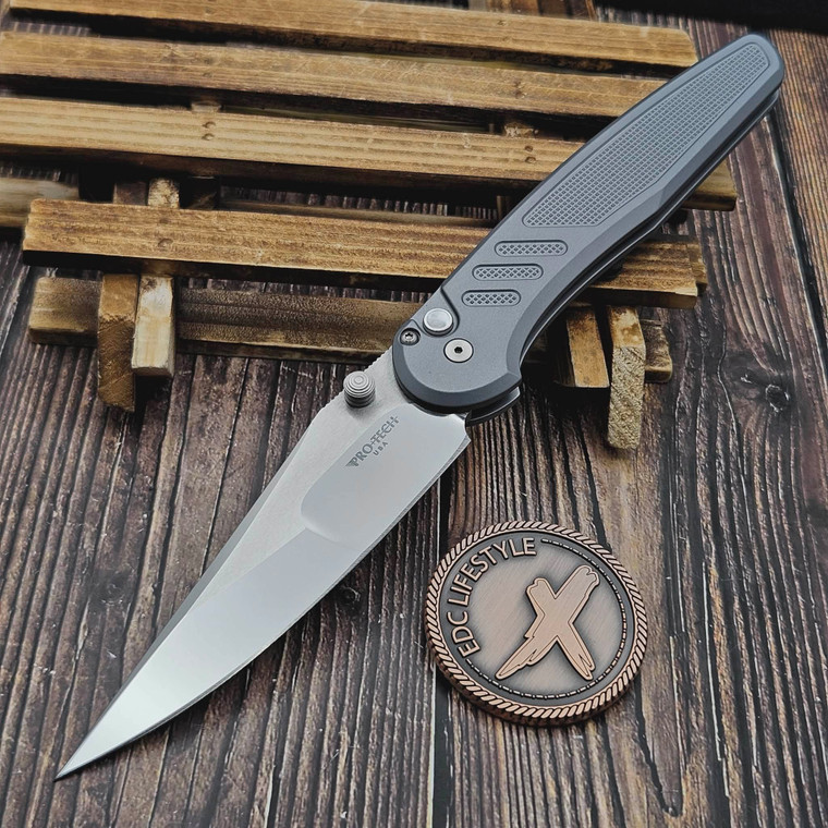 Pro-Tech 2026 Custom 004 Grey Avalon Mike Irie 4.25" Mirror Polished 154CM Compound Grind White Pearl Button Satin HW Polished Clip