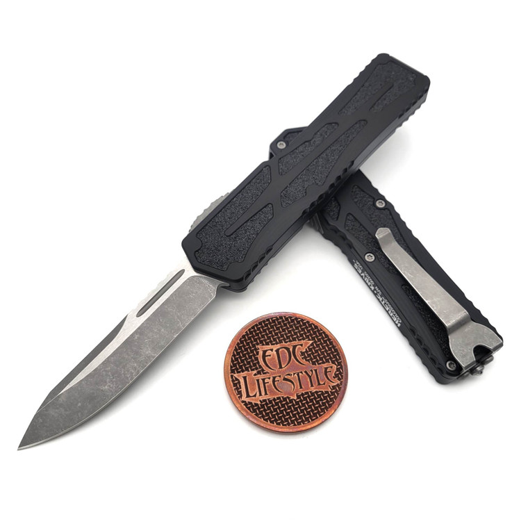 Heretic Knives Single Edge Colossus Battleworn, Black Handle, BW Clip & HW H039-5A