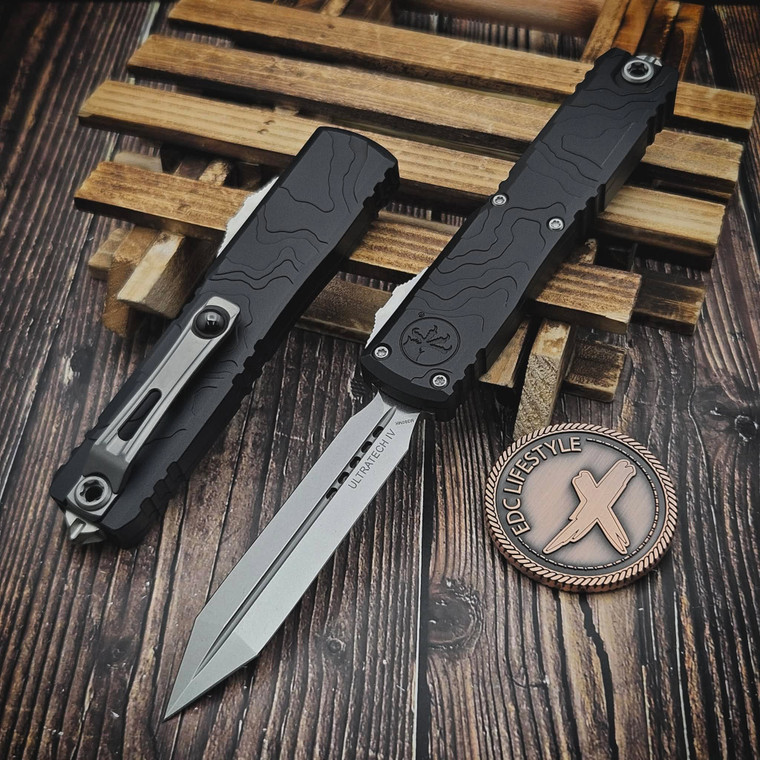 Microtech Ultratech Gen IV Black Topographic Deep Engraved 3.50" Spartan M390MK Stonewash 12234TP-10