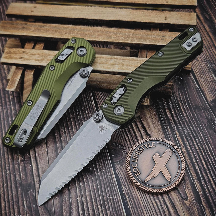 Microtech MSI Ram-Lok Mini OD Green Aluminum Fluted 3.10" S/E Full Serrated Stonewash 210M-12FLOD
