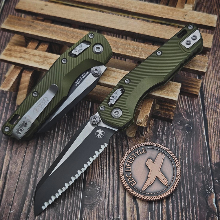 Microtech MSI Mini OD Green Aluminum Fluted S/E Full Serrated 210M-3FLOD