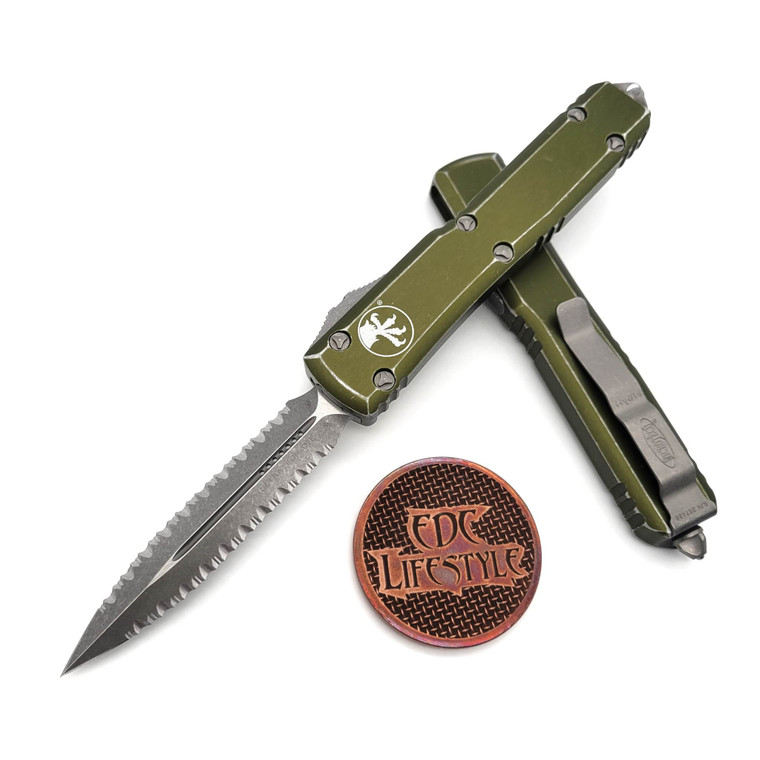 Microtech Ultratech 122-D12DOD Distressed OD Green Double Full Serrated Double Edge Apocalyptic