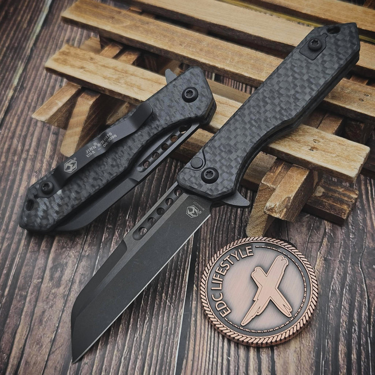 Heretic Knives Jinn Glow Carbon Fiber Button Lock Flipper 3" DLC H213-6A-GLOCF