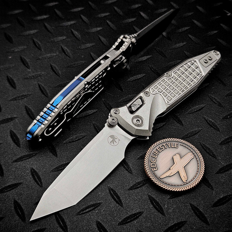 MICROTECH SOCOM RAM-LOK T/E STONEWASH FRAG PATTERN TITANIUM W/BLUE TI ACCENT MARFIONE SELECT 161RL-10FRMS3