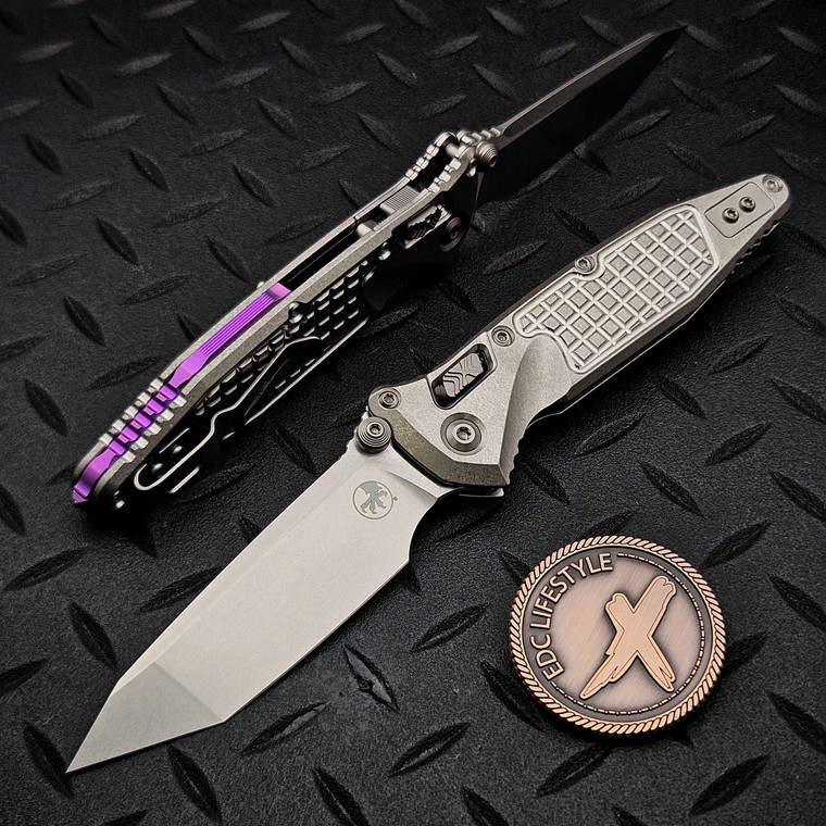 MICROTECH SOCOM RAM-LOK T/E STONEWASH FRAG PATTERN TITANIUM W/PURPLE TI ACCENT MARFIONE SELECT 161RL-10FRMS4