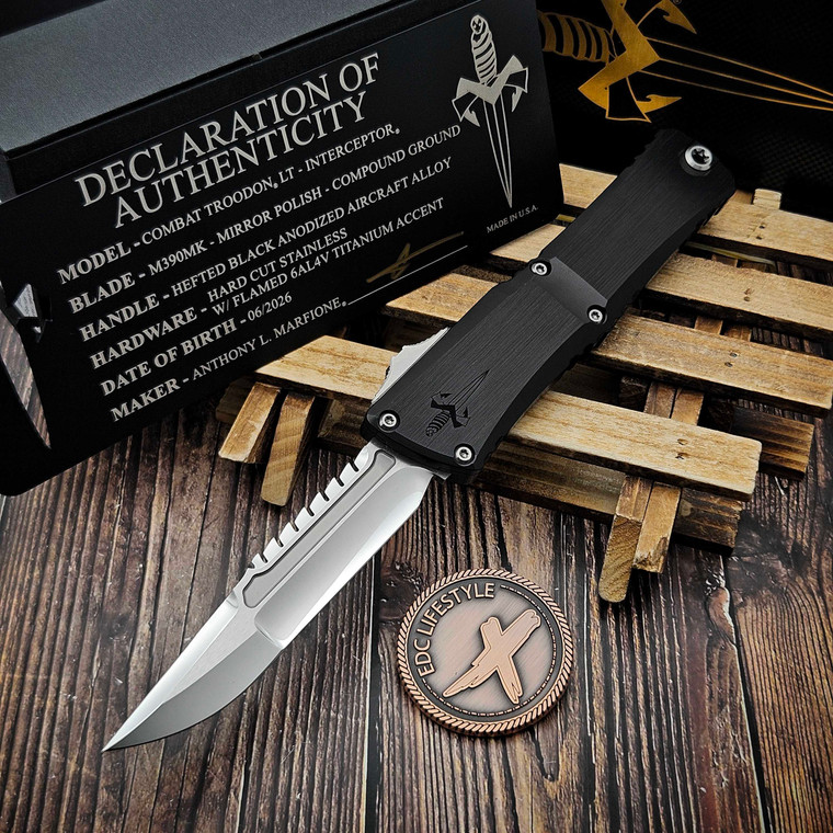 Marfione Custom Combat Troodon Gen III Interceptor Mirror Polish Flamed Ti Accent