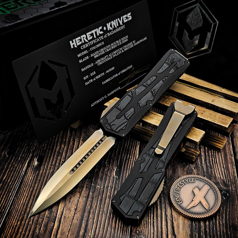 Heretic Custom Knives Colossus Black Aluminum Crocodile Inlay W/ Bronzed Hardware D/E Hand Ground Bronzed Cracked Ice by EDC Lifestyle