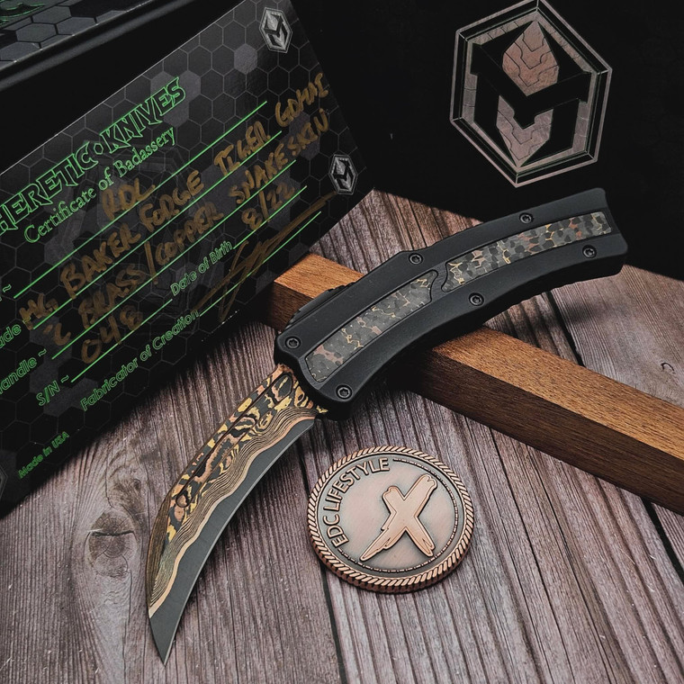 Heretic Custom Knives ROC Barker Forge Tiger Gomai Damascus FatCarbon Brass & Copper  Snakeskin Caron Fiber Inlays S/N 048 - Preowned