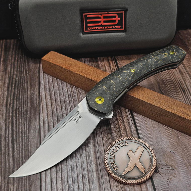 Emmanuel Le Brun Knives Custom Cpt Sparrow FatCarbon Snakeskin Flipper 3.6" Hand Rubbed Satin RWL-34 - Preowned