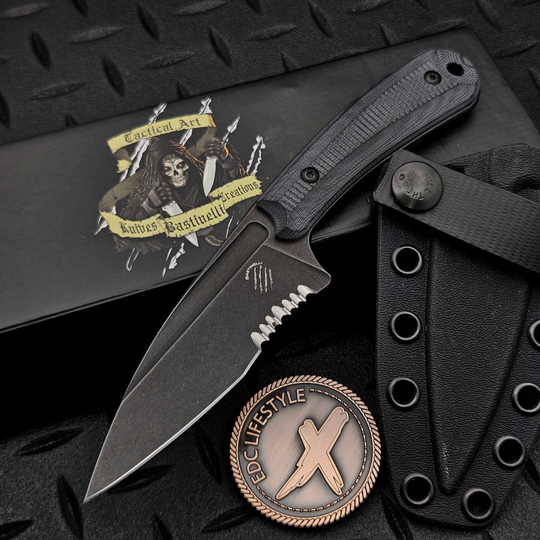 Bastinelli Knives Sin Black G10 Fixed Blade Combo Serrated Dark Stonewash