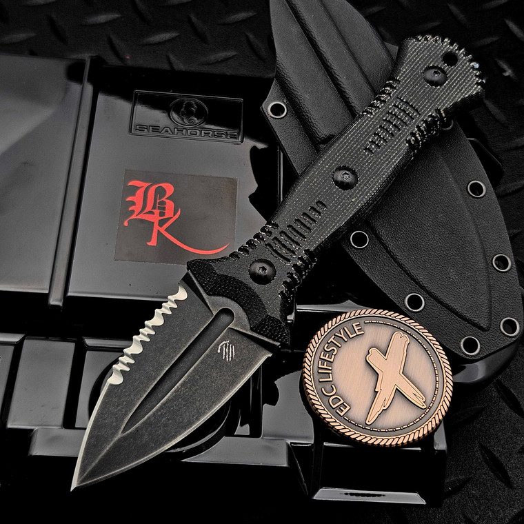 Bastinelli Knives Telum Fixed Blade Dark Stonewash Black Micarta Combo Serrated