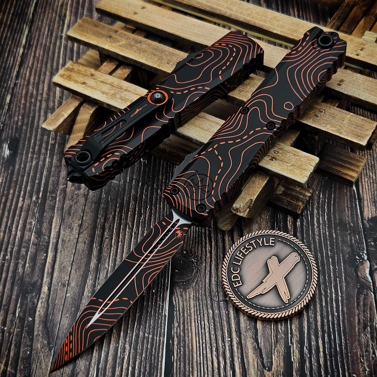 Microtech Ultratech Gen IV Topographic Black/Orange Camo D/E 3.55" 11224-1TPBKORCS