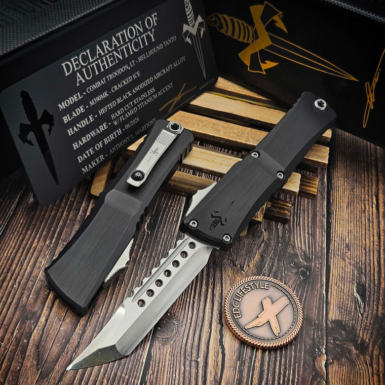 Marfione Custom Combat Troodon LT - Hellhound T/E Cracked Ice Hefted Anodized Alloy Stainless HW w/Flamed Ti Accent