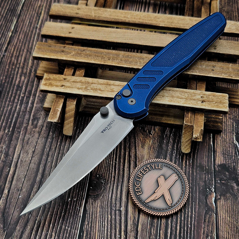 Pro-Tech Peace Neighbor Avalon Battleworn Blue Button Lock  4.25 SW Drop Point PN1101