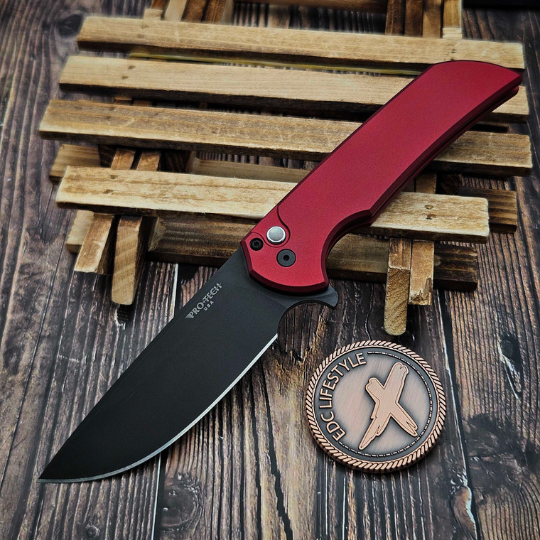 Pro-Tech Knives Mordax Red Button Lock Flipper, 3.5" DLC Black MX103-LTDRed