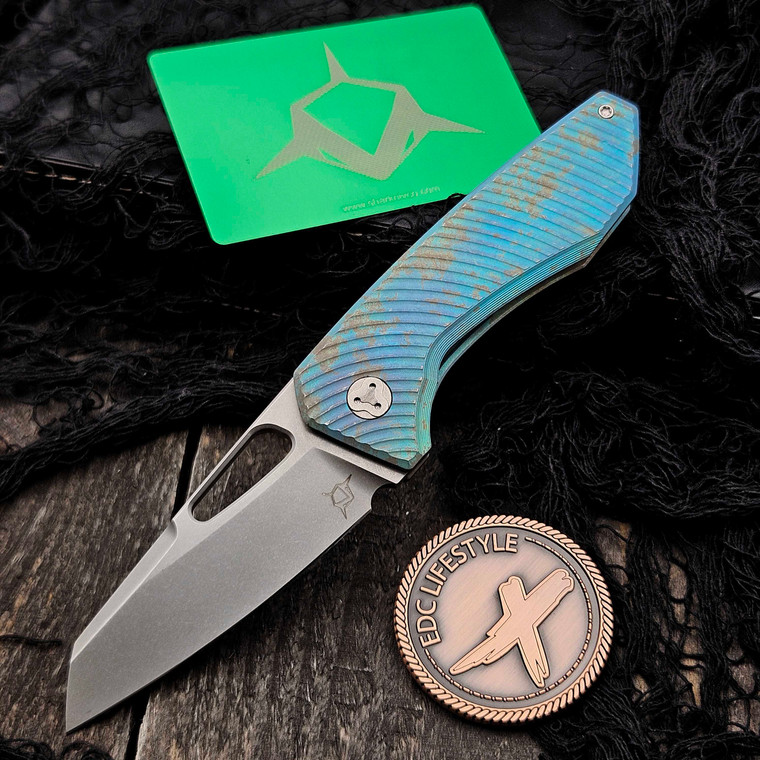 Sharknivco M11 Milled Distressed Teal/Blue Titanium Handle Polished Stonewash RWL34 Blade