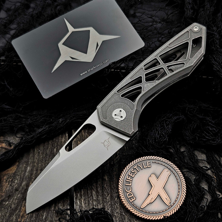 Sharknivco M11 Skeletonized Stonewash Titanium Handle Polished Stonewash RWL34 Blade