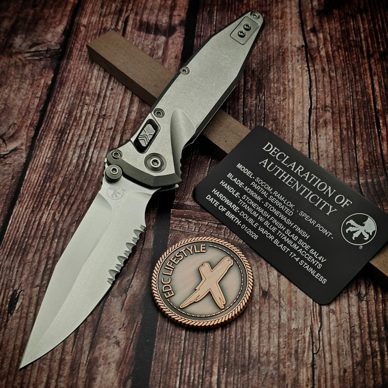 Microtech Socom Ram-Lok Titanium Slab Blue Ti Accent Spear Point Partial Serrated 160RLS-11SMS3 - Preowned S2