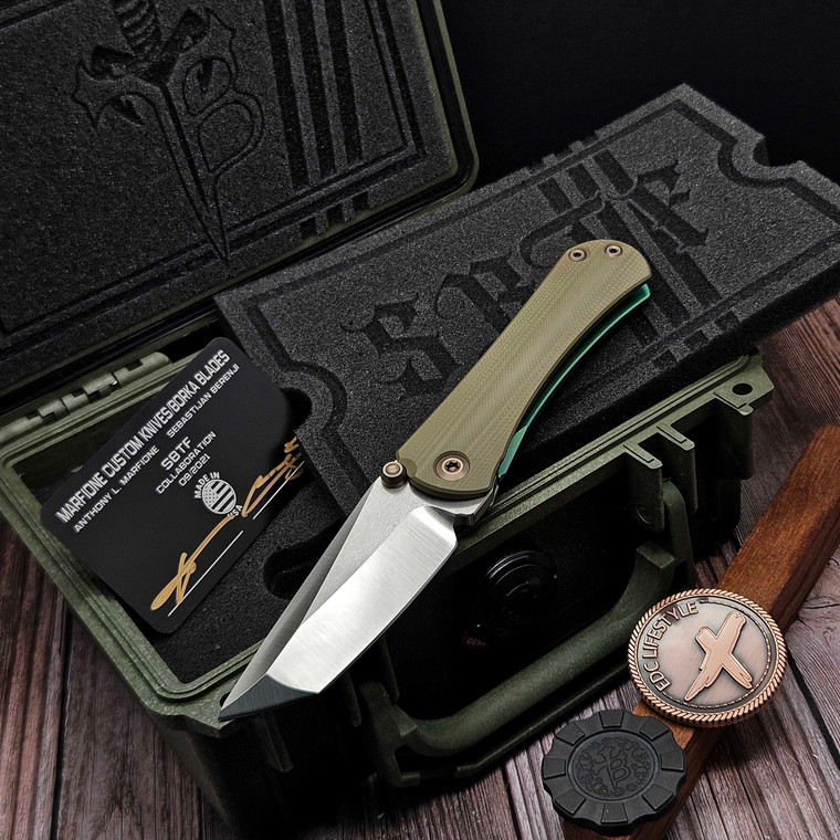 Marfione Custom Borka Blades Green Ti/G10 SBTF T/E Chisel Grind