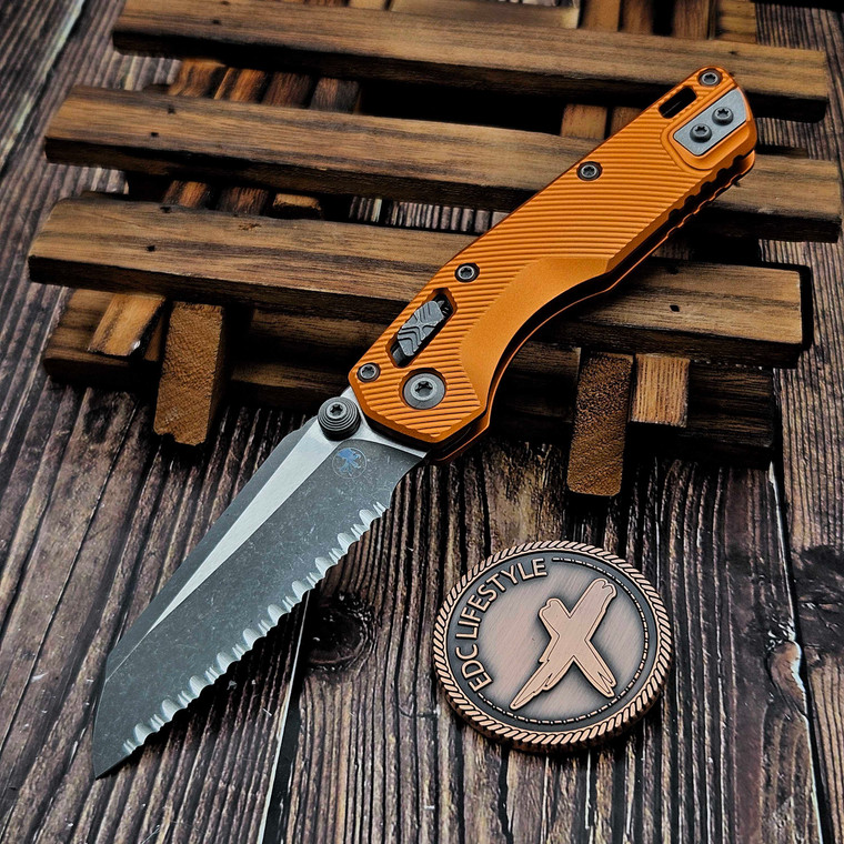 Microtech MSI Mini Orange Aluminum Fluted 3.18" S/E Apocalyptic Full Serrated 210M-12APFLOR
