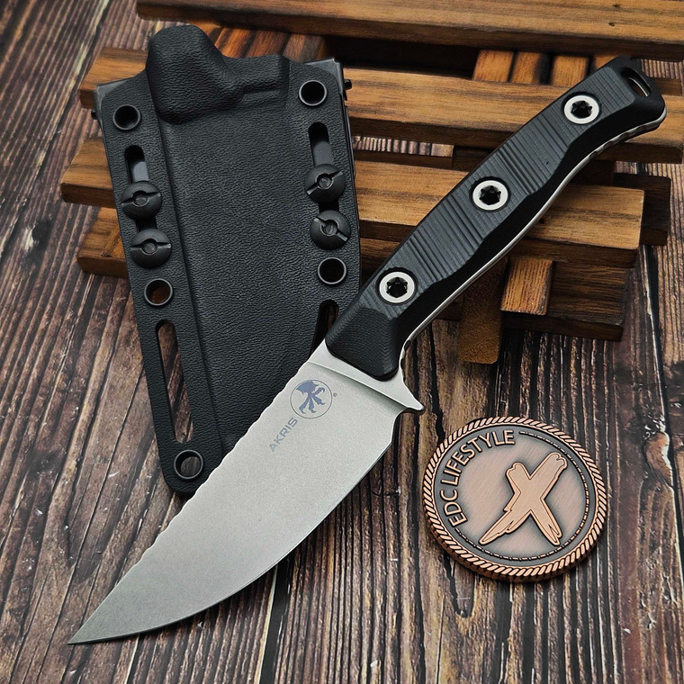 Microtech Akris Fixed Blade Black G-10 3.7" Stonewash M390MK W/ Black Kydex Sheath 95-10BK-5